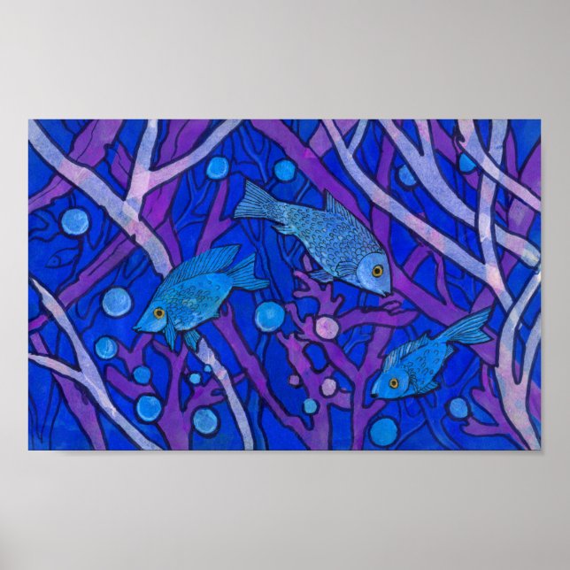 Affiche Poisson bleu dans l'algue, Collage de papier d'art (Devant)