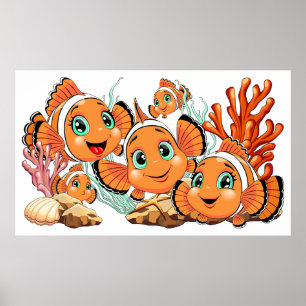 Affiche Poisson clown Dessin animé mignon Famille Sous l'e