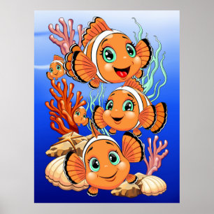 Affiche Poisson clown Dessin animé mignon Famille Sous l'e