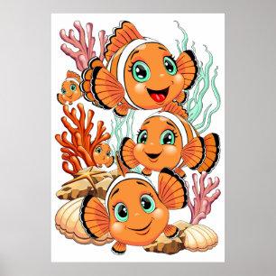 Affiche Poisson clown Dessin animé mignon Famille Sous l'e