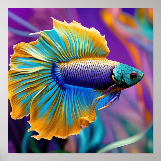 Affiche Poisson combattant, bleu or violet (Devant)