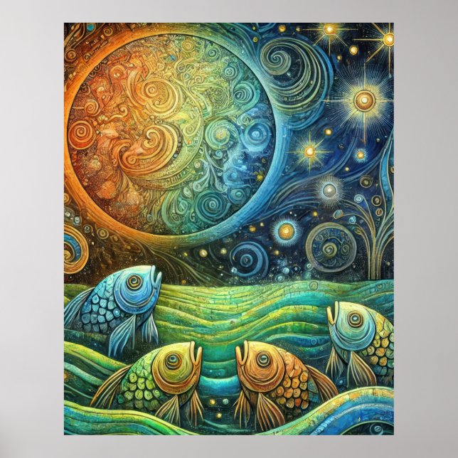 Affiche Poisson Cosmique et Vagues Océaniques Vibrantes so (Devant)