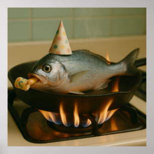 Affiche Poisson Dans Une Assiette Avec Casquette Fête Sur