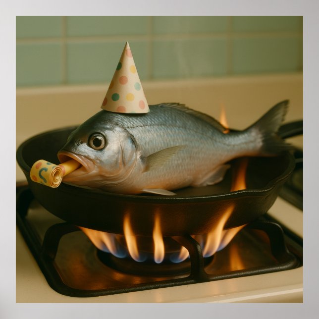 Affiche Poisson Dans Une Assiette Avec Casquette Fête Sur (Devant)