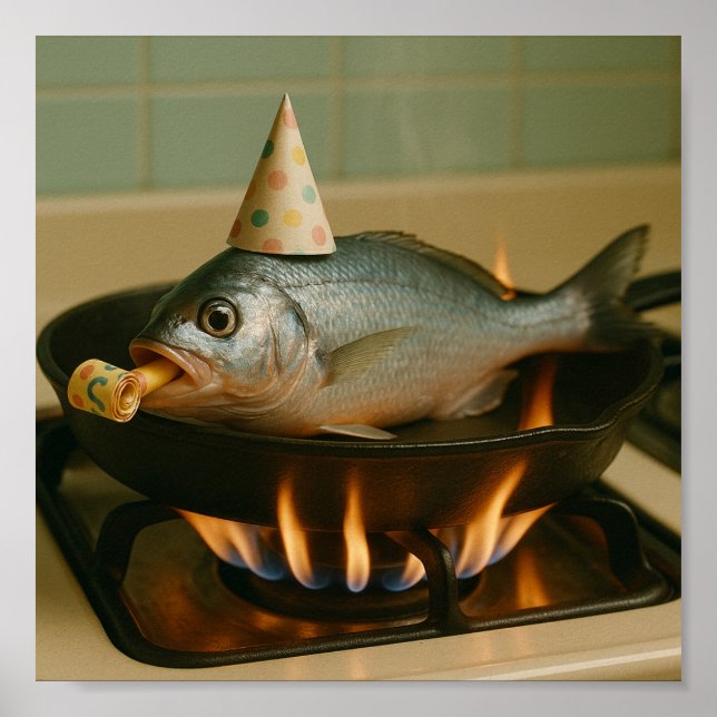 Affiche Poisson Dans Une Assiette Avec Casquette Fête Sur (Devant)
