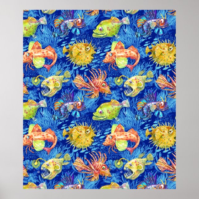 Affiche Poisson d'aquarelle amusant (Devant)