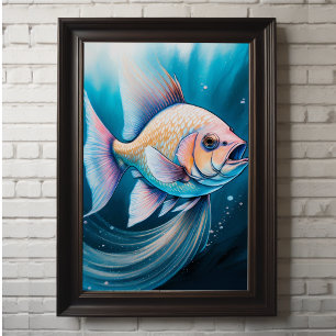 Affiche Poisson Dessin de calcaire bleu rose