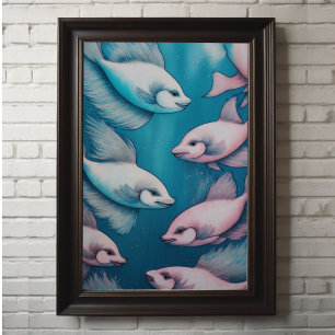 Affiche Poisson Dessin de calcaire bleu rose