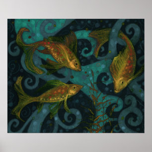Affiche Poisson d'or Animaux sous-marins peinture Turquois