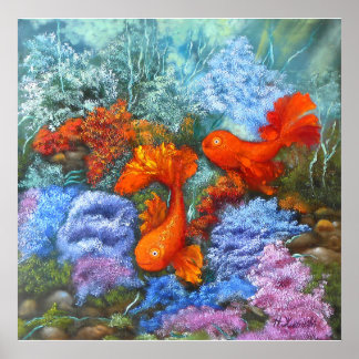 Affiche Poisson d'or peinture feng shui aimer symboles