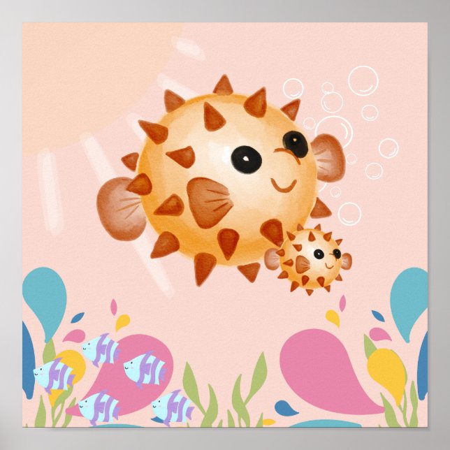 Affiche Poisson mignon dans l'océan rose, (Devant)