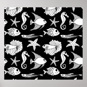 Affiche Poisson Motif : Motif noir blanc.
