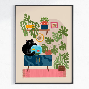 Affiche Poisson Rouge Chat Noir Amateur de Chat joueur