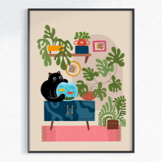 Affiche Poisson Rouge Chat Noir Amateur de Chat joueur