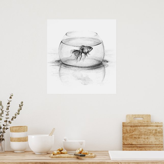 Affiche Poisson rouge dans un bol et eau Dessin au crayon  (Cuisine)