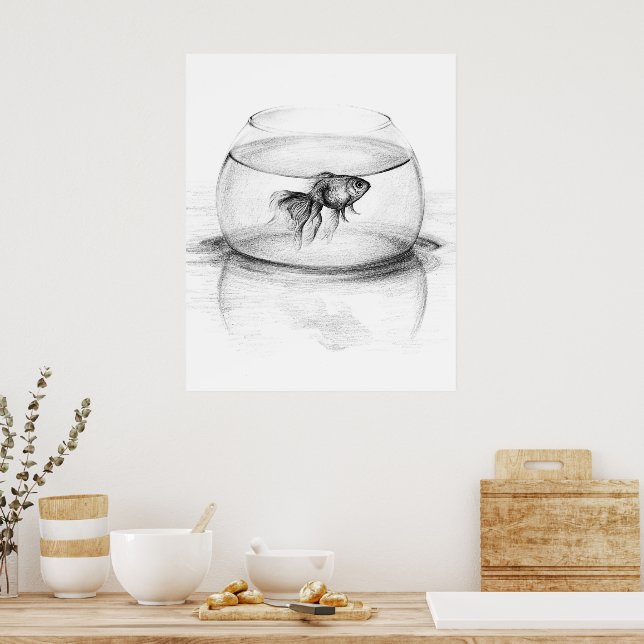 Affiche Poisson rouge dans un bol et eau Dessin au crayon  (Cuisine)