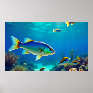 Affiche Poisson tropical flottant dans l'eau de mer bleu p