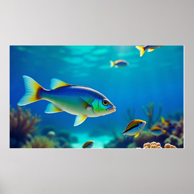 Affiche Poisson tropical flottant dans l'eau de mer bleu p (Devant)