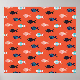 Affiche Poisson vintage, motif rouge corail.