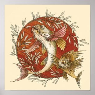 Affiche Poisson volant japonais vintage avec feuilles de b