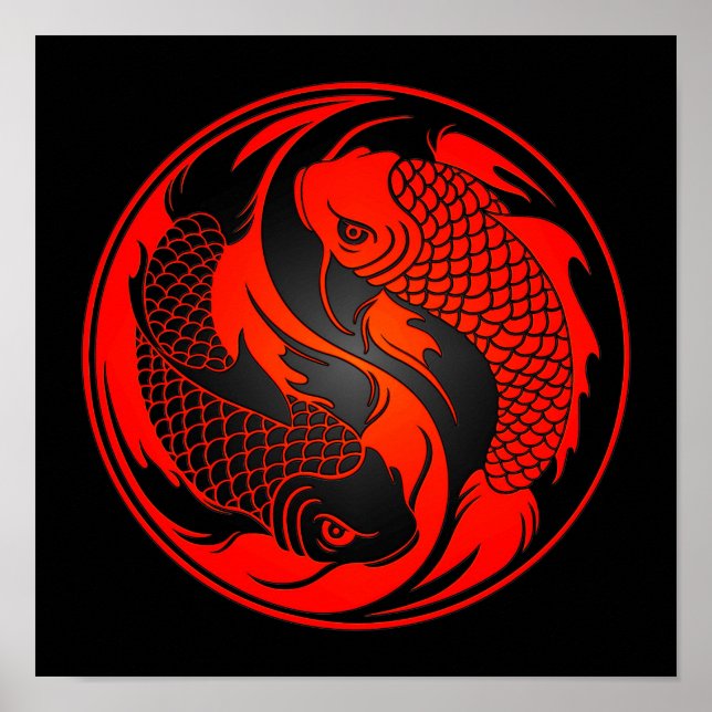Affiche Poisson Yin Yang Koi rouge et noir (Devant)