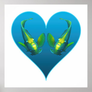 Affiche Poissons-anges jumeaux dans un cœur bleu - Illustr