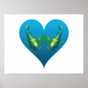 Affiche Poissons-anges jumeaux dans un cœur bleu - Illustr
