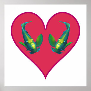 Affiche Poissons-anges jumeaux dans un cœur rouge - Illust