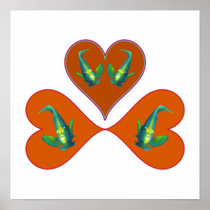 Affiche Poissons-anges jumeaux - Illustration de trois cœu