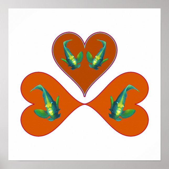 Affiche Poissons-anges jumeaux - Illustration de trois cœu (Devant)