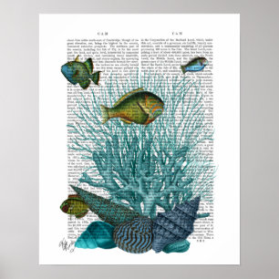 Affiche Poissons, coquillages bleus et coraux
