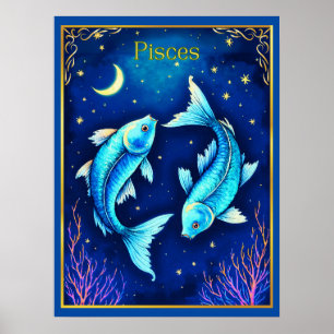 Affiche Poissons du zodiaque nageant dans les eaux cosmiqu