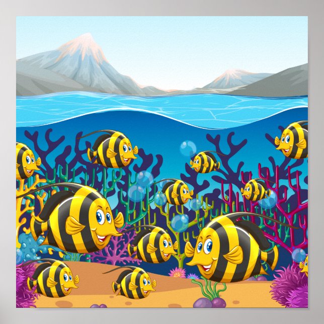 Affiche poissons nageant sous la mer (Devant)