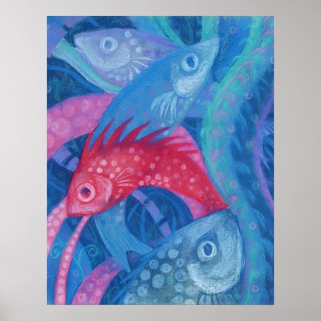 Affiche Poissons Roses Algues Mer Animaux Sous-marins Art (Devant)