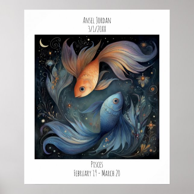 Affiche Poissons Zodiaque Astrologie Nom & Anniversaire (Devant)