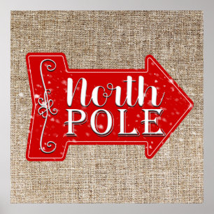 Affiche Pôle Nord Flèche Rouge Noël Rustique Fêtes