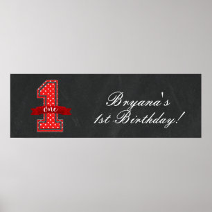 Affiche Polka rouge et blanc point 1 fête d'anniversaire