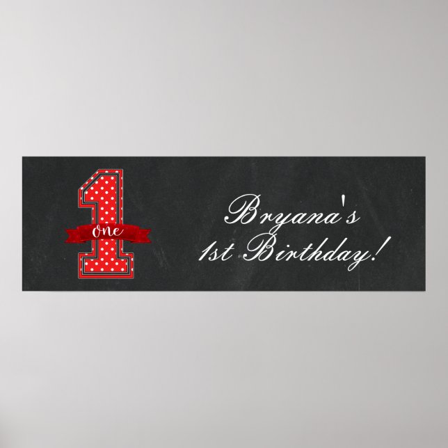 Affiche Polka rouge et blanc point 1 fête d'anniversaire (Devant)