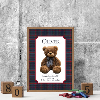 Affiche Polo Teddy Bear Tartan Plaid Baby Name Birth Stats