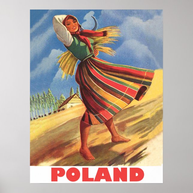 Affiche Pologne, femme de village dans le champ (Devant)