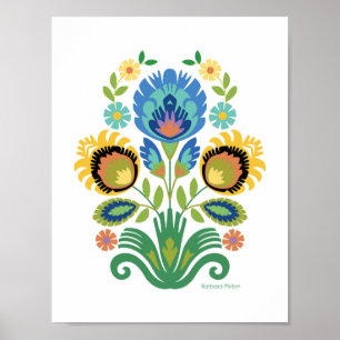 Affiche Polonais Floral Azure Blue Papercut Design