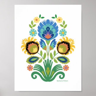 Affiche Polonais Floral Azure Blue Papercut Design