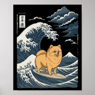 Affiche Poméranien surfant sur une vague japonaise _2
