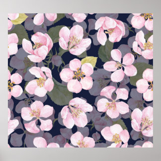 Affiche Pomme en fleurs : Aquarelle bleu foncé