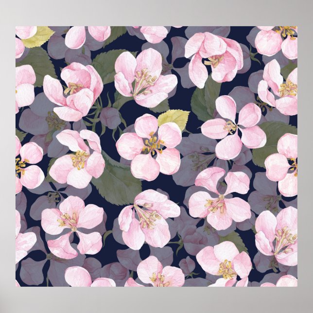 Affiche Pomme en fleurs : Aquarelle bleu foncé (Devant)