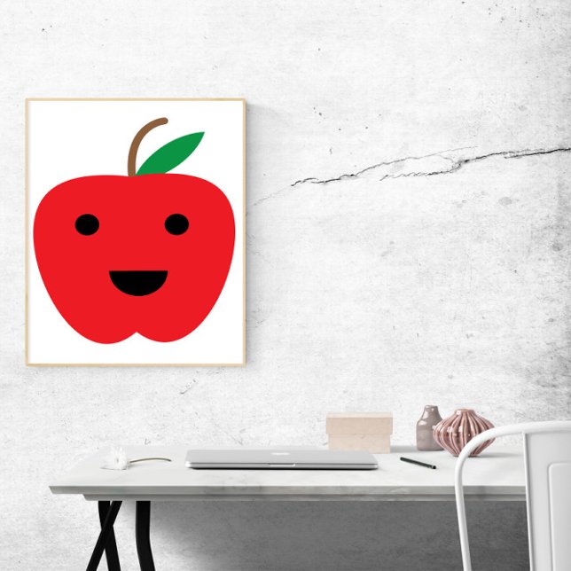 Affiche Pomme Kawaii Fruit rouge mignon (A poster with a cute kawaii red apple)