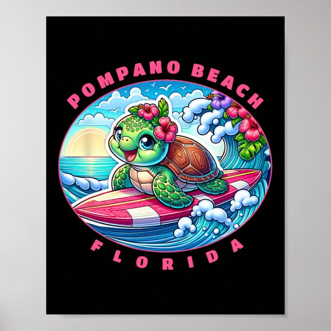 Affiche Pompano Beach Floride Jolie Fille de Surf Tortue d (Devant)