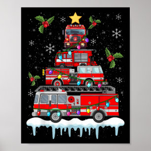 Affiche Pompier Camion feu Noël Lumières Arbre Père Noël