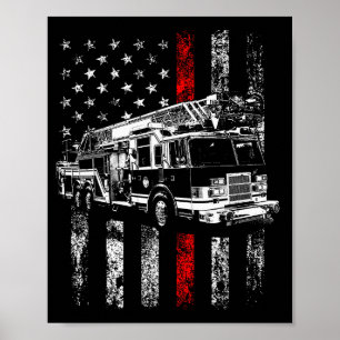 Affiche Pompier Drapeau Américain Ligne Rouge Fine Pompier