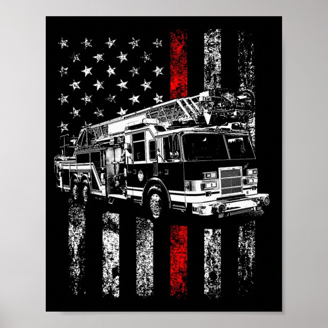 Affiche Pompier Drapeau Américain Ligne Rouge Fine Pompier (Devant)
